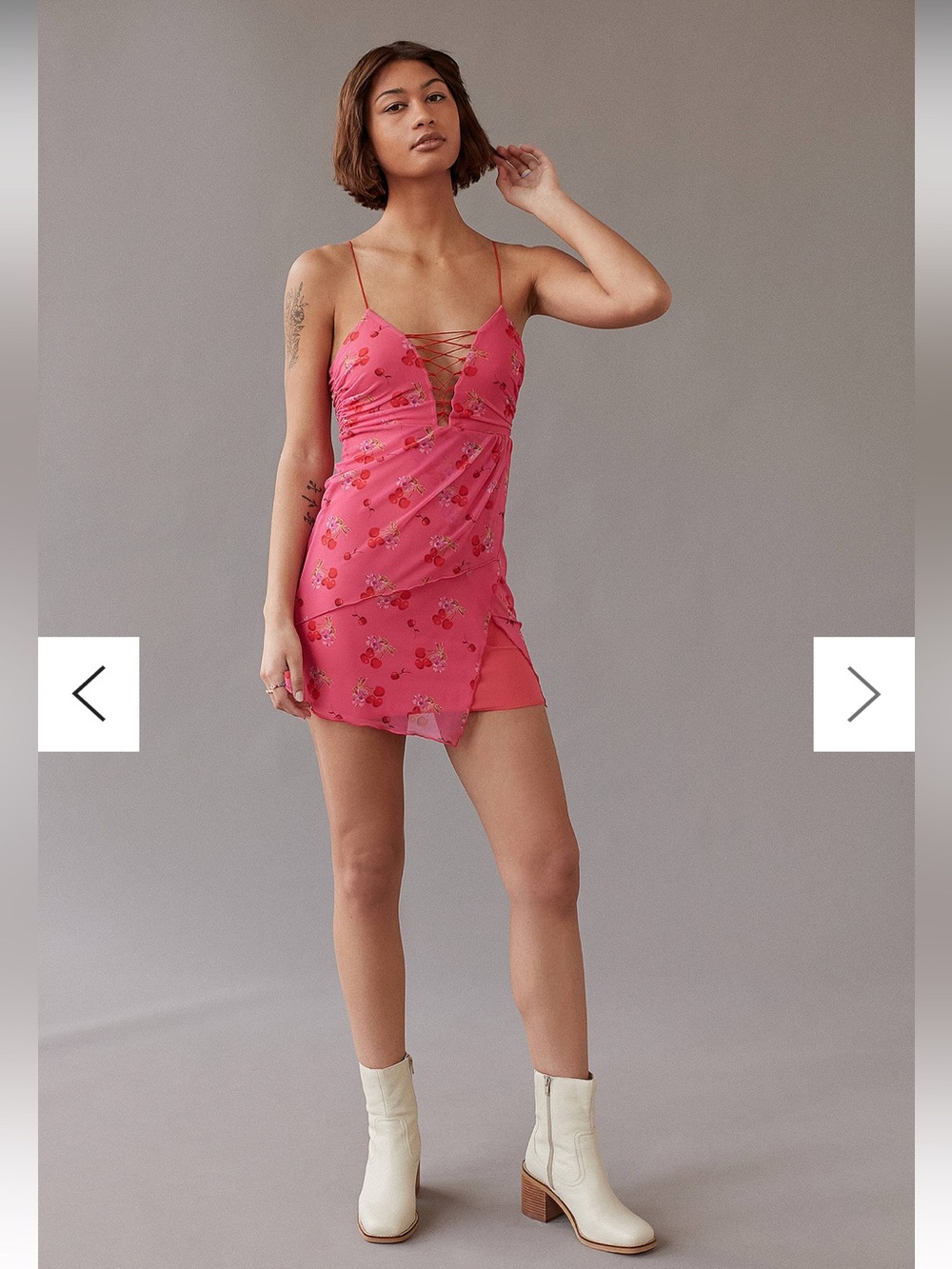 Urban Outfitters Bright Mesh Mini Dress Pink Cherries Y2K Lattice Bodice Lrg